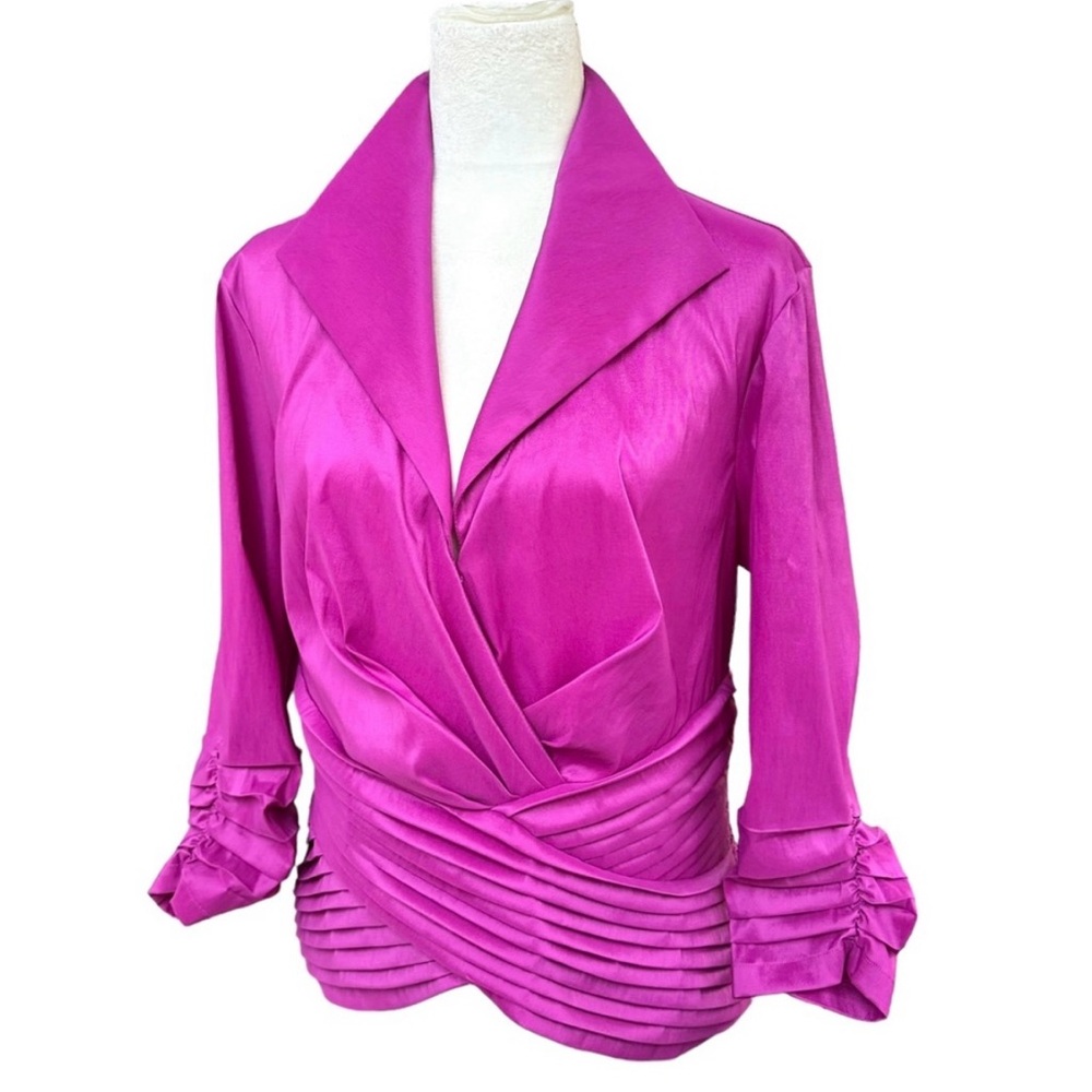 Tadashi Shoji Collection Fuchsia Ruched Sleeve Taffeta Blouse Top Womens Size 16